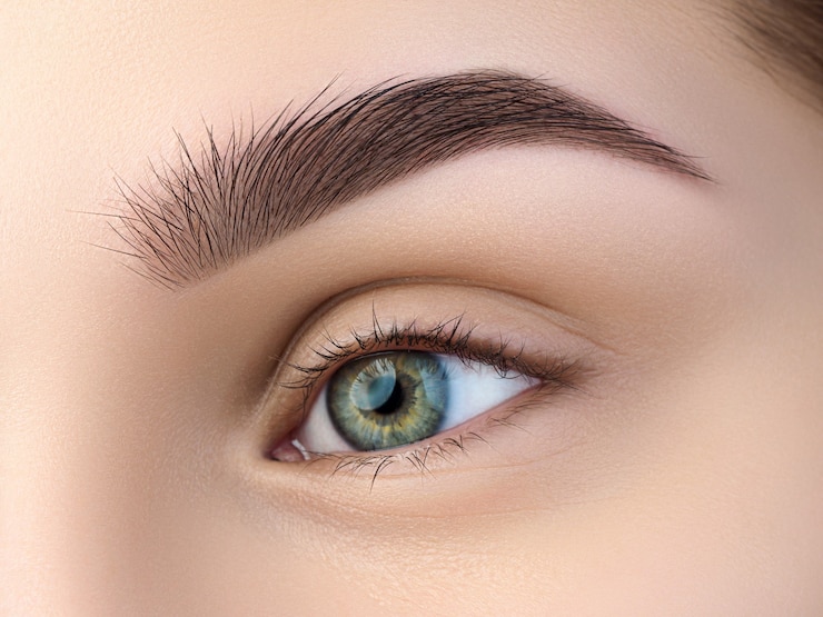 Foto vista ravvicinata del bellissimo occhio femminile verde. sopracciglia alla moda perfette. buona visione, lenti a contatto, barra per sopracciglia o concetto di trucco per sopracciglia di moda