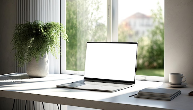 Vista ravvicinata del computer portatile sul tavolo bianco con forniture per ufficio accanto alla finestra con vista sulla foresta verde IA generativa