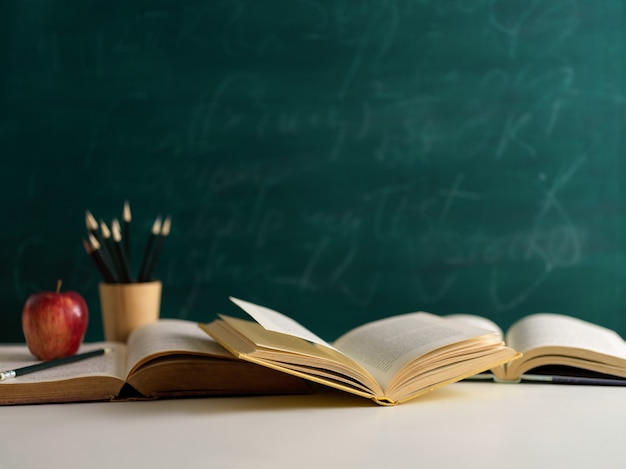 Vista ravvicinata del tavolo di studio con libri aperti