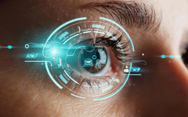 Vista ravvicinata dell'occhio blu in occhiali con interfaccia olografica futuristica per visualizzare i dati