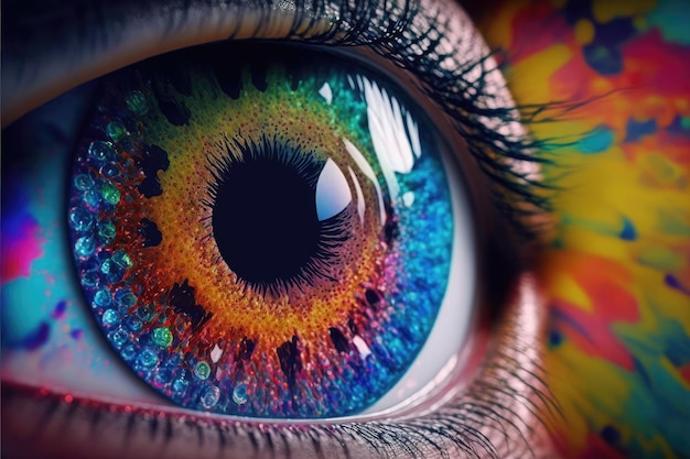 Vista ravvicinata dell'occhio femminile con bulbo oculare multicolore e polvere colorata per il trucco