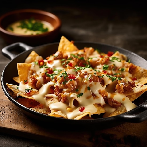 Vista ravvicinata della tortilla di nacho di pollo con salsa di panna