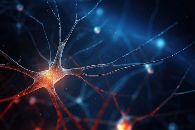 Vista ravvicinata delle cellule neuronali che trasmettono un segnale IA generativa