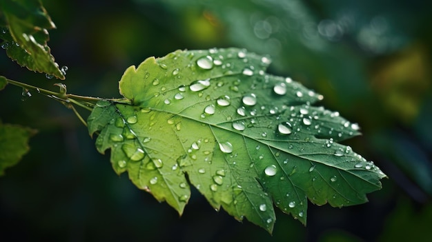 Vista ravvicinata delle gocce di pioggia sulla foglia verde IA generativa