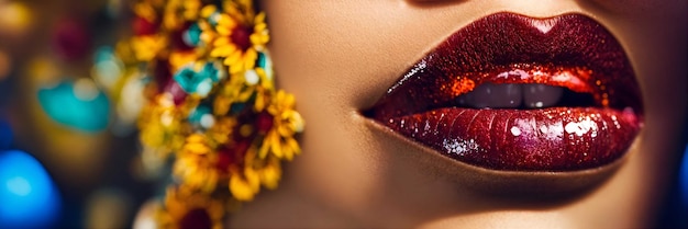 Vista ravvicinata delle labbra di una bella donna con un rossetto metallico rosso