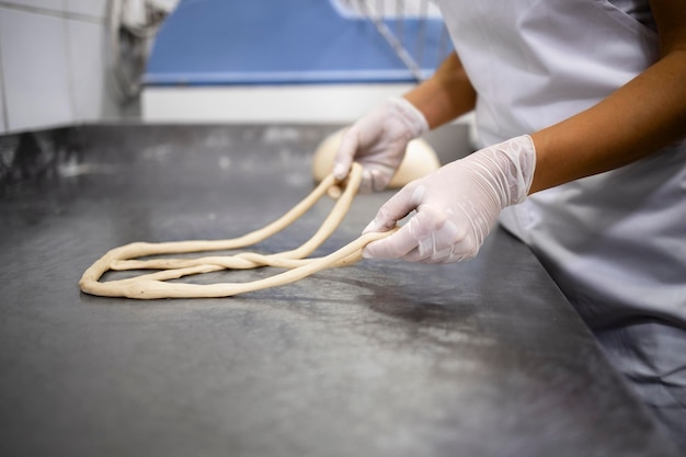 Vista ravvicinata delle mani del fornaio che impastano la pasta prima della cottura in forno