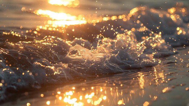 Vista ravvicinata delle onde marine alla luce del sole mattutino bokeh radianza del tramonto sulla spiaggia estiva