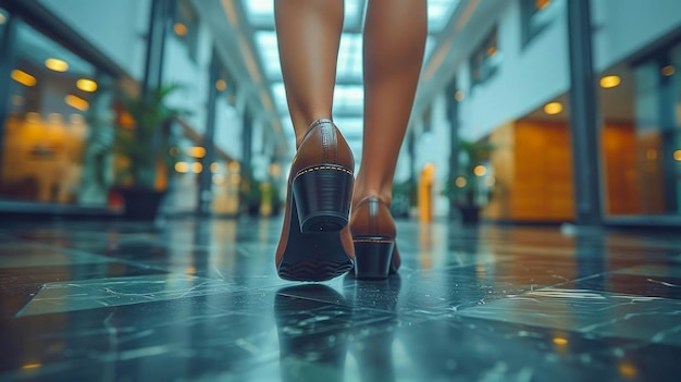 Vista ravvicinata delle scarpe di pelle femminili di un uomo d'affari in una grande città