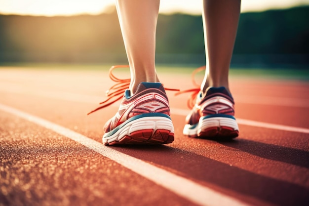 Vista ravvicinata delle scarpe sportive runner sprint in esecuzione su pista Allenamento per la maratona IA generativa