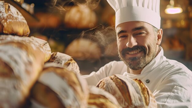 Vista ravvicinata dello chef che ammira il pane appena cotto nelle mani