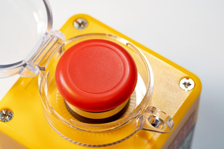 Vista ravvicinata dettagliata di un pulsante di arresto di emergenza rosso interruttore di spegnimento di sicurezza per macchine industriali rosso giallo