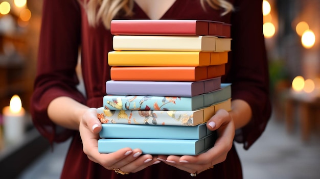 Vista ravvicinata di mani che tengono una pila di libri di copertina colorati e un mattoni bianchi sullo sfondo
