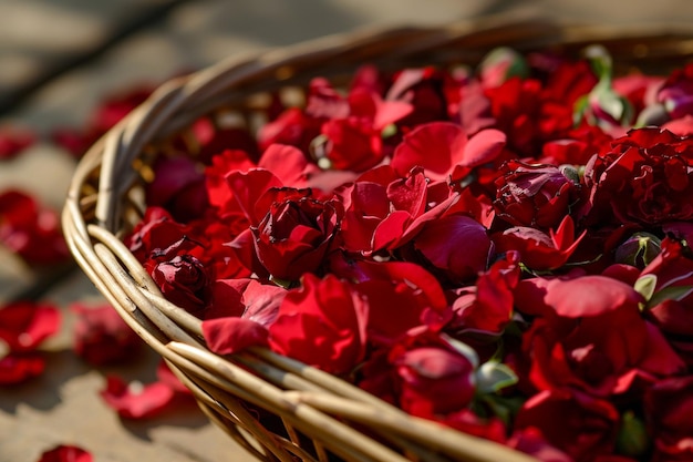 Vista ravvicinata di petali di fiori di rosa rossa in un cesto di vimini