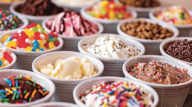 Vista ravvicinata di un assortimento diversificato di colorati e deliziosi sapori di gelati in mostra