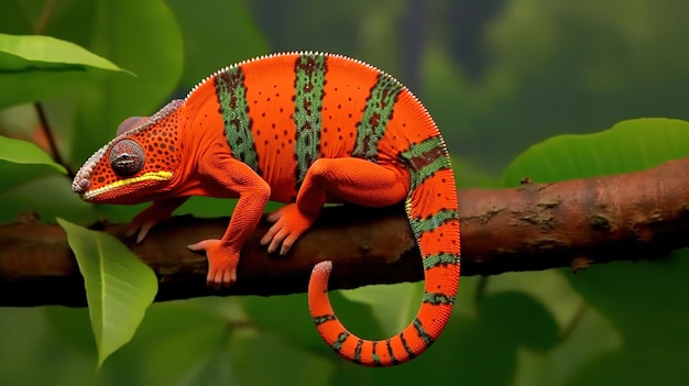 Vista ravvicinata di un camaleonte colorato su un ramo AI generativo