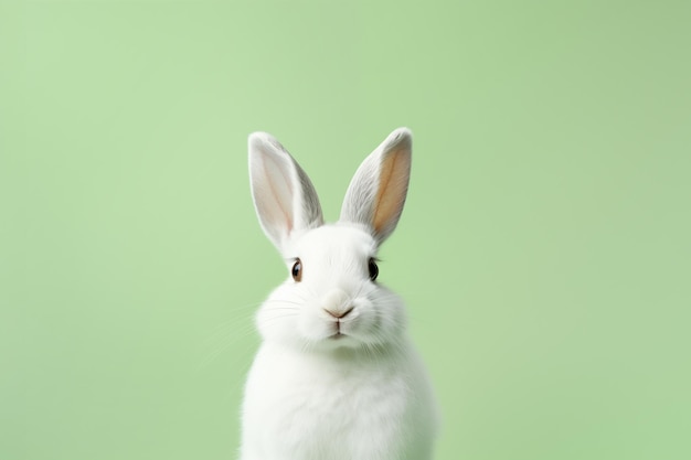 Vista ravvicinata di un coniglio bianco su uno sfondo verde chiaro concetto di Pasqua