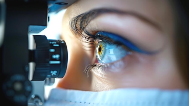 Vista ravvicinata di un esame oculistico con uno strumento oftalmologico