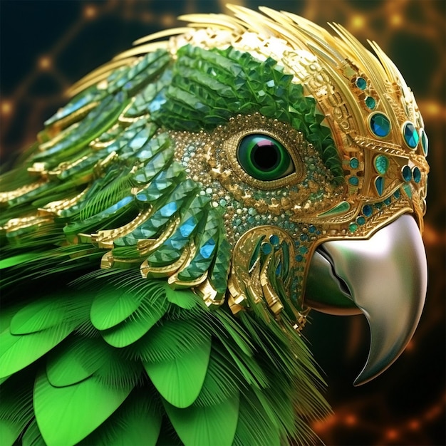 Vista ravvicinata di un pappagallo verde in primo piano e filigrana d'oro Generative Ai
