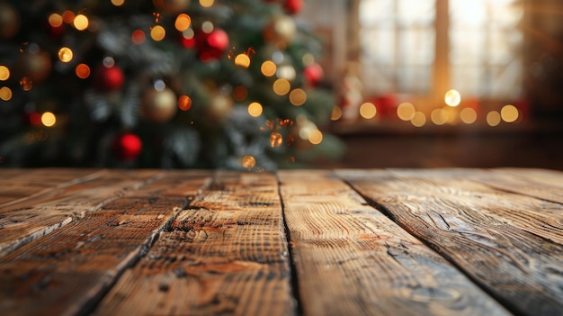 Vista ravvicinata di un tavolo di legno rustico con due alberi di Natale sfocati sullo sfondo