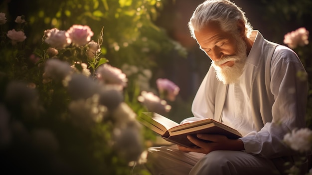 Vista ravvicinata di un vecchio anziano che legge un libro di IA generativa