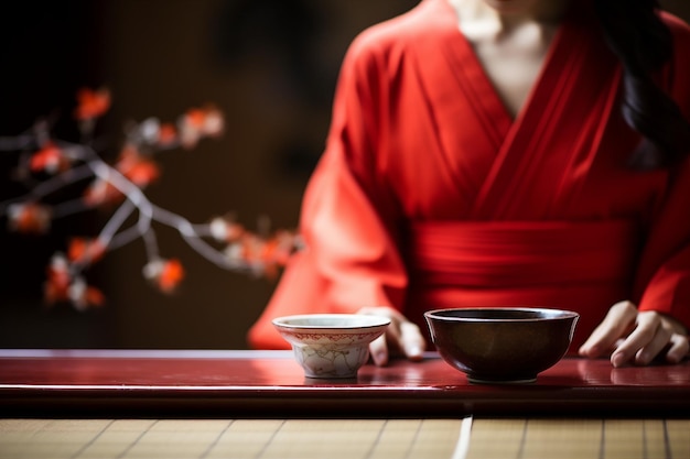 Vista ravvicinata di una donna giapponese in kimono rosso seduta in stile seizastyle con una ciotola di ceramica