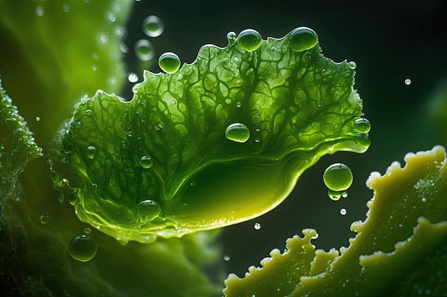 Vista ravvicinata di una foglia verde ricoperta di goccioline d'acqua IA generativa