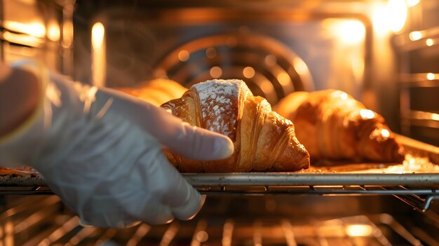 Vista ravvicinata di una persona con i guanti che tira fuori un croissant fresco dal forno