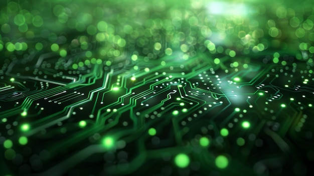 Vista ravvicinata di una scheda elettronica con percorsi di dati verdi luminosi e riassunto tecnologico