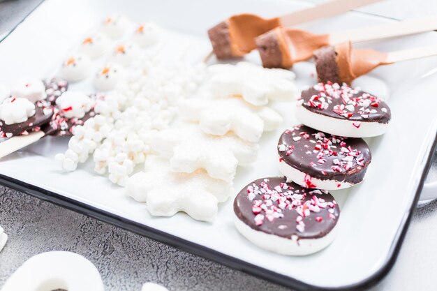 Vista ravvicinata. Varietà di guarnizioni di marshmallow con menta piperita e cioccolato per cioccolata calda e bevande al cacao.