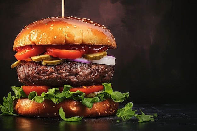 vista ravvicinata vista di un delizioso hamburger fatto a mano sullo sfondo scuro