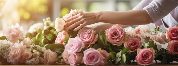 Vista ritagliata delle mani dei fioristi che fanno un bouquet di fiori sulla superficie del tavolo