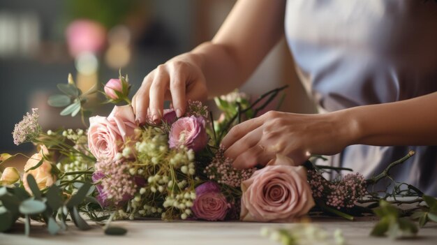 Vista ritagliata delle mani dei fioristi che fanno un bouquet di fiori sulla superficie del tavolo