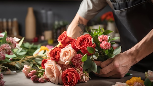 Vista ritagliata delle mani dei fioristi che fanno un bouquet di fiori sulla superficie del tavolo