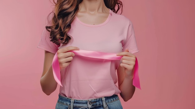 Vista ritagliata di una giovane donna con una maglietta rosa che tiene un nastro di satin rosa isolato su uno sfondo colorato con spazio di copia Giornata internazionale della consapevolezza del cancro al seno Concept di supporto al cancro al seno