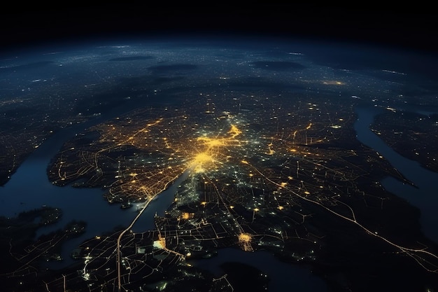 Vista satellitare delle luci di una grande città moderna di notte La dipendenza delle grandi città dalla fornitura di energia elettrica