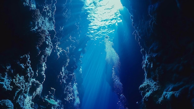 Vista sottomarina del mare blu profondo con raggi solari e raggi tuffarsi in una trincea nel mare