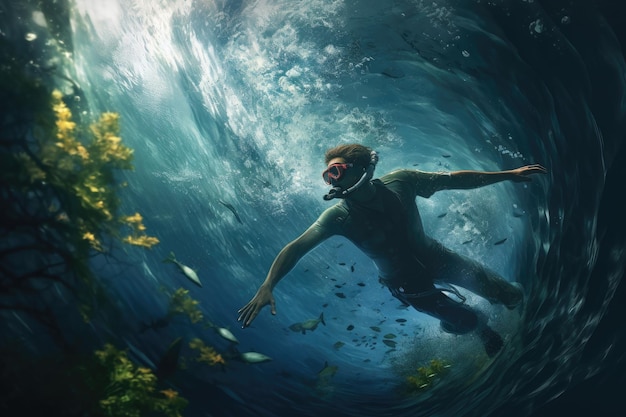 Vista sottomarina di un giovane che si tuffa nell'oceano blu profondo con i pesci Un surfista con una tavola da surf si tuffa sott'acqua con un'onda oceanica sotto l'AI Generato