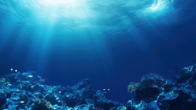 vista sottomarina di una barriera corallina con i raggi del sole