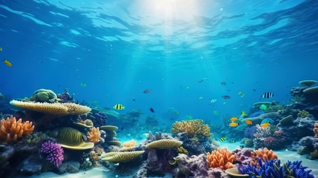 Vista sottomarina di una colorata barriera corallina marina con pesci Ecosistema oceanico IA generativa