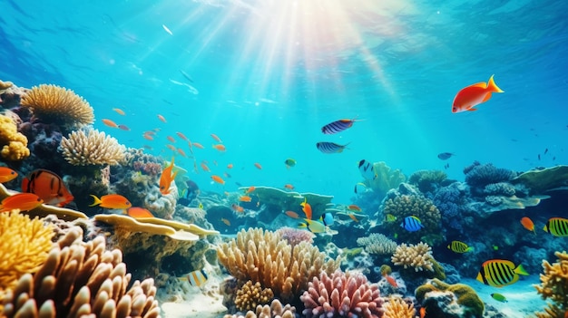 Vista sottomarina di una colorata barriera corallina marina con pesci Ecosistema oceanico IA generativa