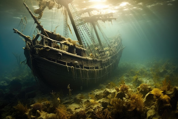 Vista sottomarina di una vecchia nave affondata sul fondo del mare nave affondata alta AI Generato