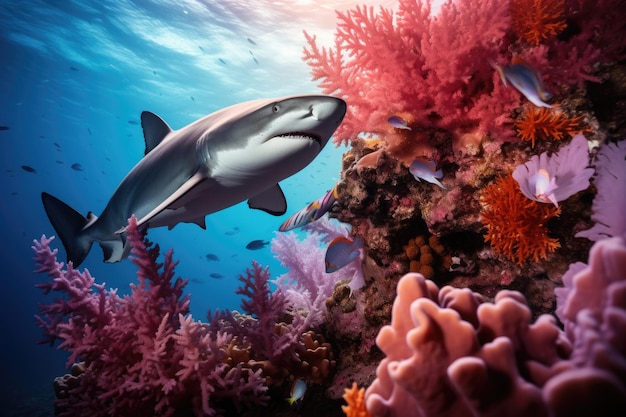 Vista sottomarina di uno squalo di barriera che nuota su una barriera corallina tropicale foto di uno splendido squalo dietro è un corallo colorato scattato da AI Generated
