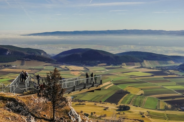 Vista su uno skywalk e un'ampia valle verde con nebbia