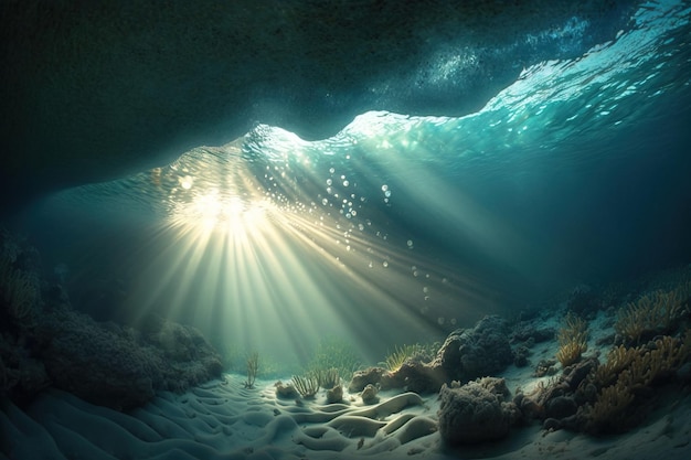 Vista subacquea con raggio di sole solare e sfondo cinematografico di pesci