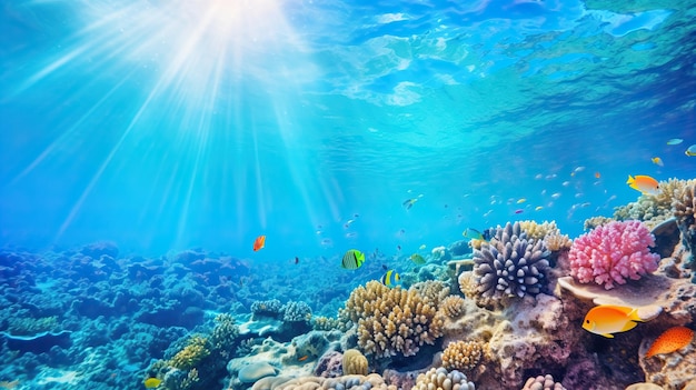 Vista subacquea della barriera corallina con pesci e coralli paesaggio sottomarino