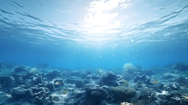 Vista subacquea della barriera corallina e del mare tropicale con luce solare