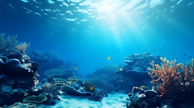 Vista subacquea della barriera corallina e del mare tropicale con luce solare