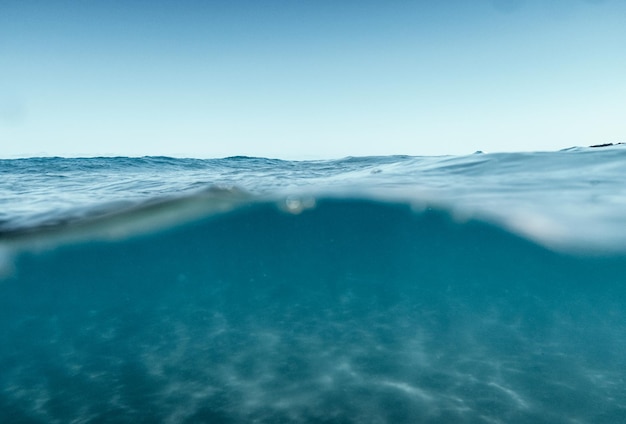 Vista suddivisa a metà sopra e sotto la superficie dell'oceano con il concetto di sfondo del cielo chiaro