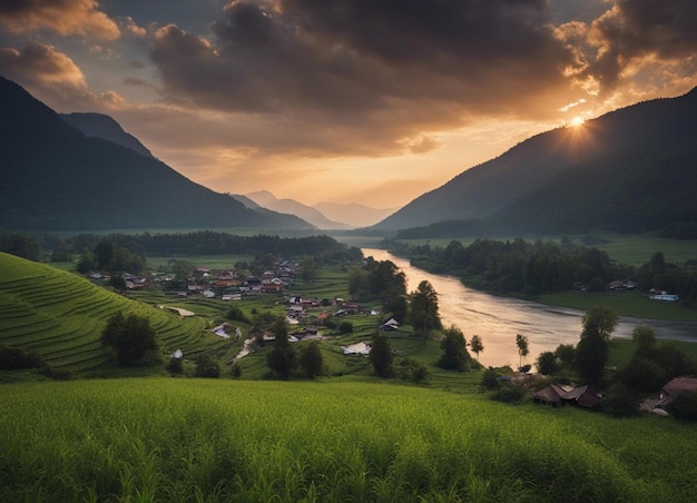 Vista sul fiume con il tramonto, foresta profonda e montagna