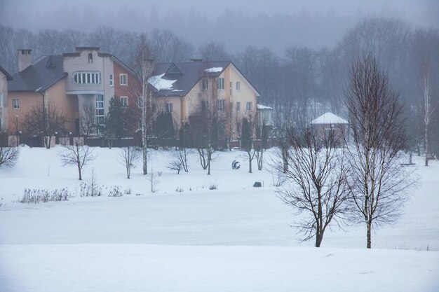 Vista sul fiume sotto la neve in inverno